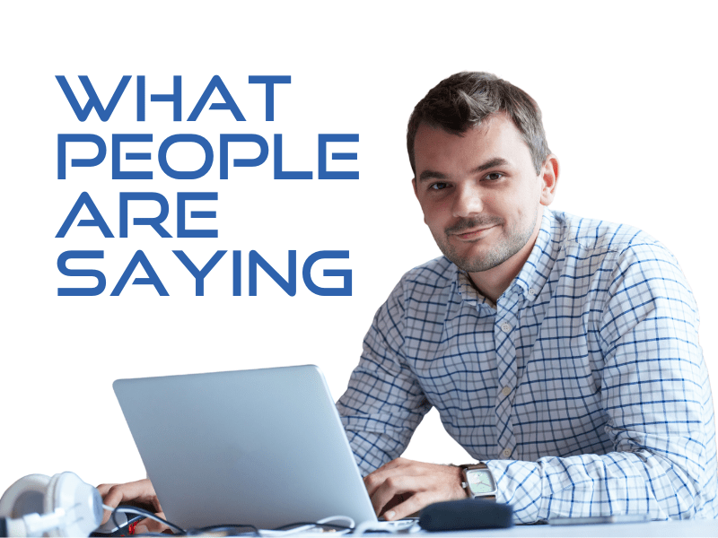 Man a desk with laptop. Background removed. The words what people are saying in the font good times is on the upper left of the man.