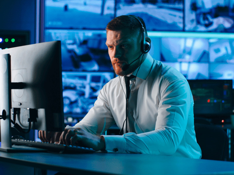 photo of an FSO using access commander by MathCraft for security professional working on a desktop computer and keyboard with many monitors in the background.