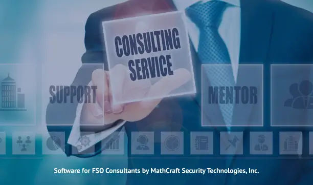Photo of man in blue suit, white shirt, blue tie with icons with multiple things and he's pressing one that says consulting services. This is a photo for software for FSO consultants by Mathcraft Security Technologies.